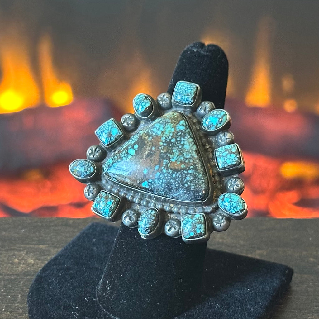 Navajo Robert Platero Vintage Webbed Turquoise 11 Stone Cluster Ring