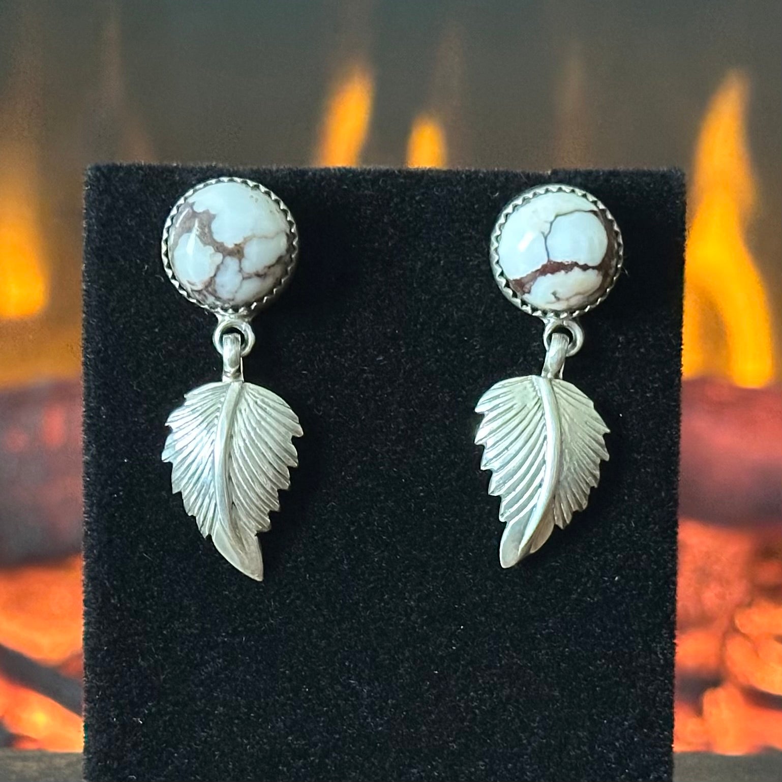Navajo Sarah Yazzie Wild Horse Sterling Feather Stud Dangle Earrings
