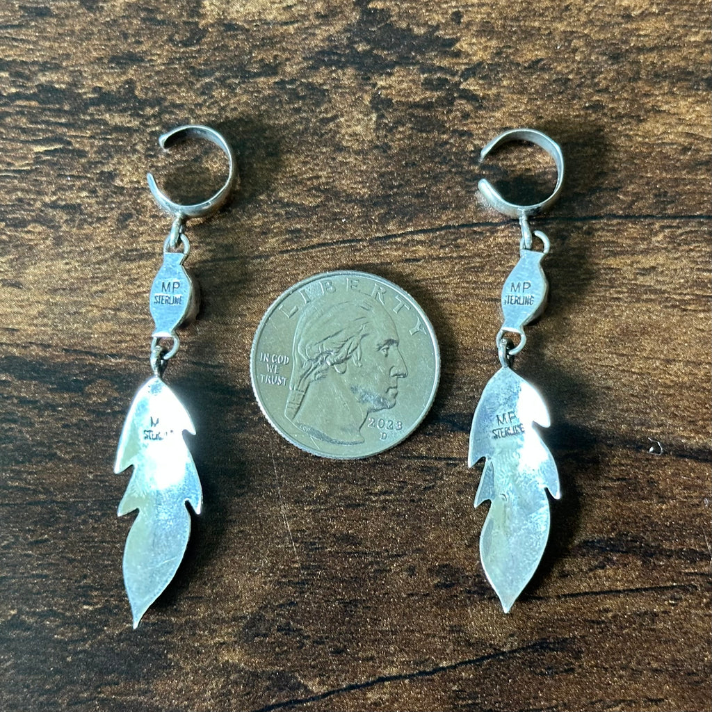MP Signed Lapis Pink Shell Feather Clip Earrings