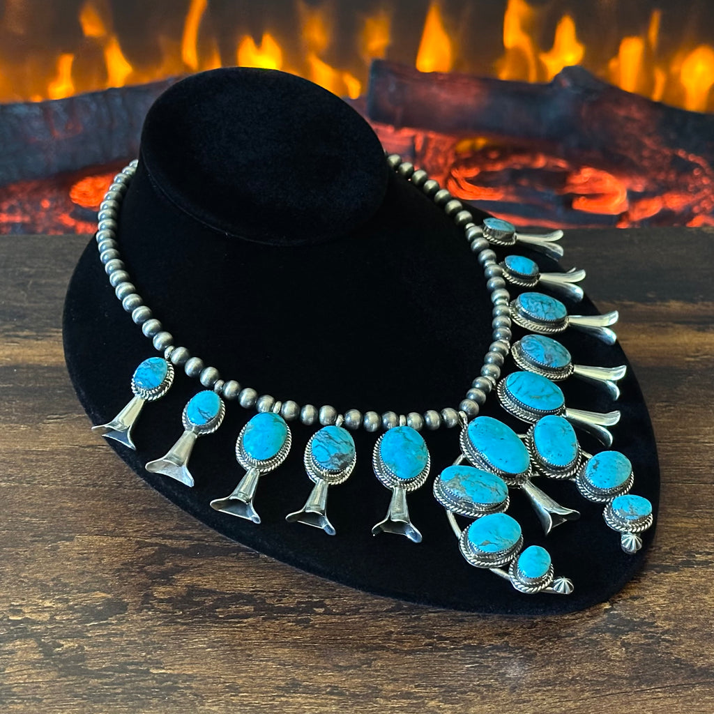 Running Bear Trading Turquoise 17 Stone Sterling Twist Wire Squash Blossom
