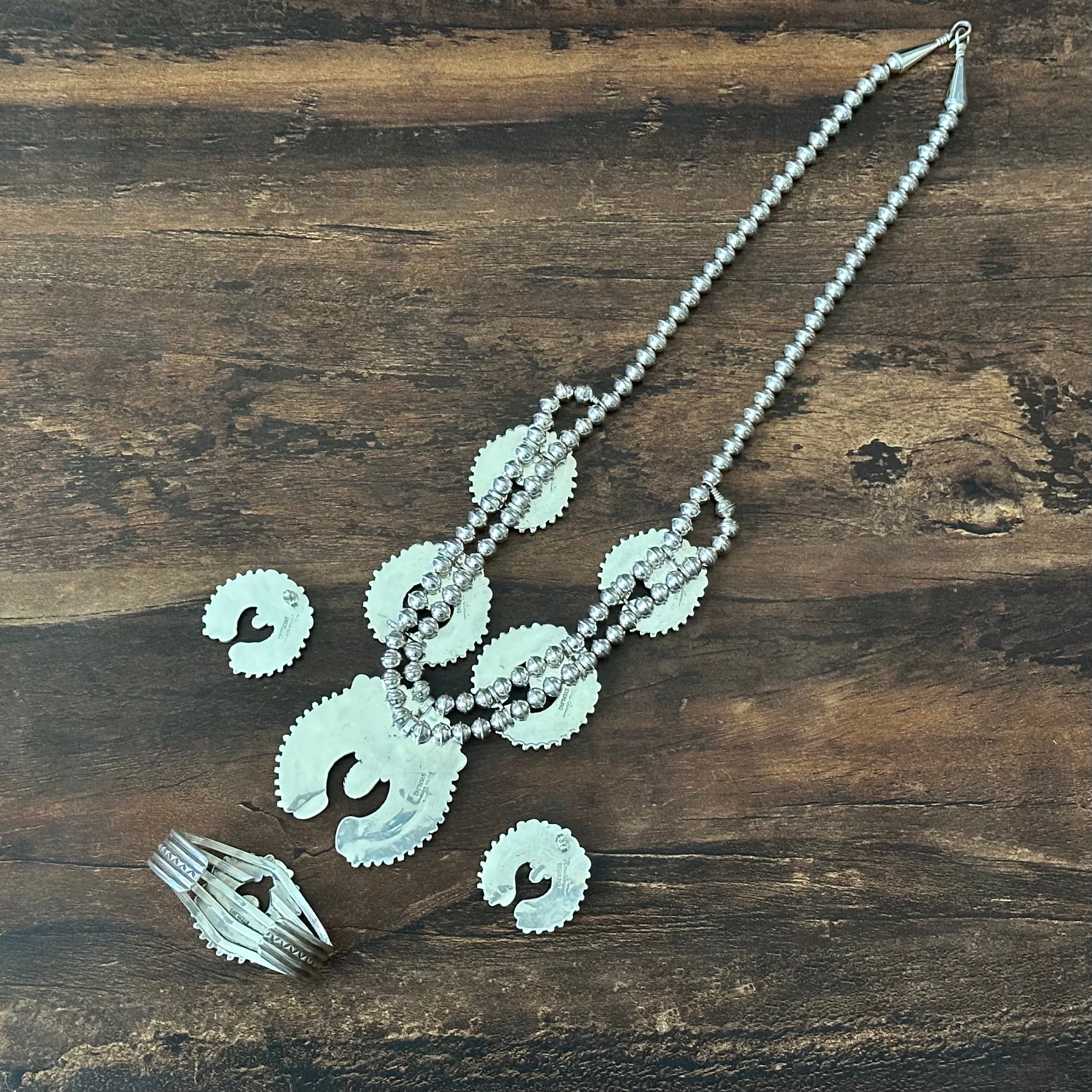 Navajo Nora Tsosie Turquoise 44 Stone Sterling Hand Stamped Petite Point Naja Statement Necklace Earrings Cuff Set