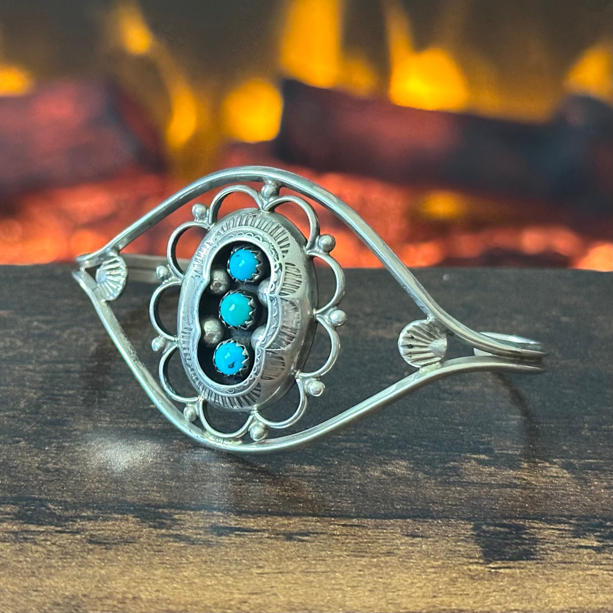 PL Signed Turquoise 3 Stone Sterling Shadowbox Hand Stamped Floral Cuff
