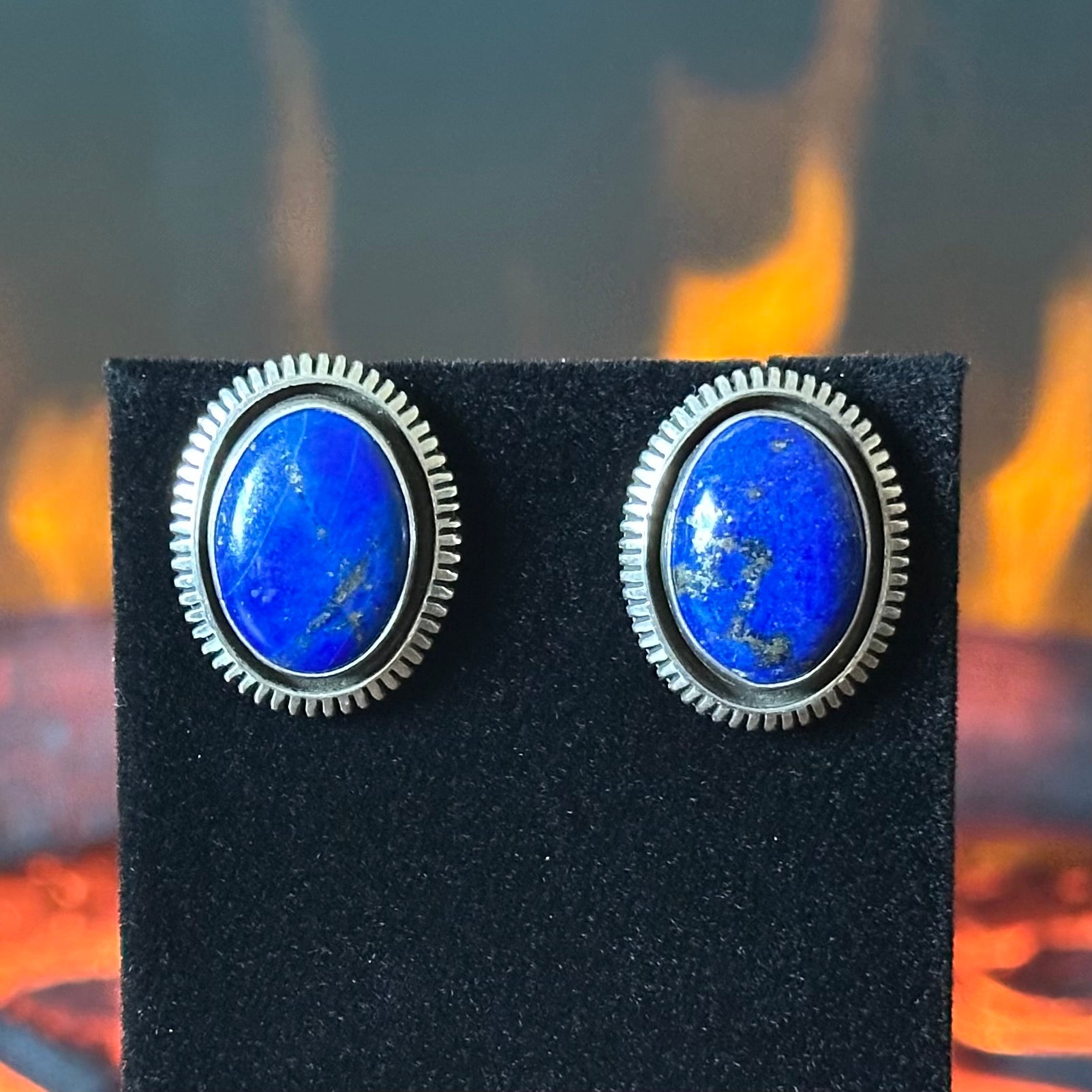 Navajo William G Johnson Lapis Sterling Shadowbox Stud Earrings