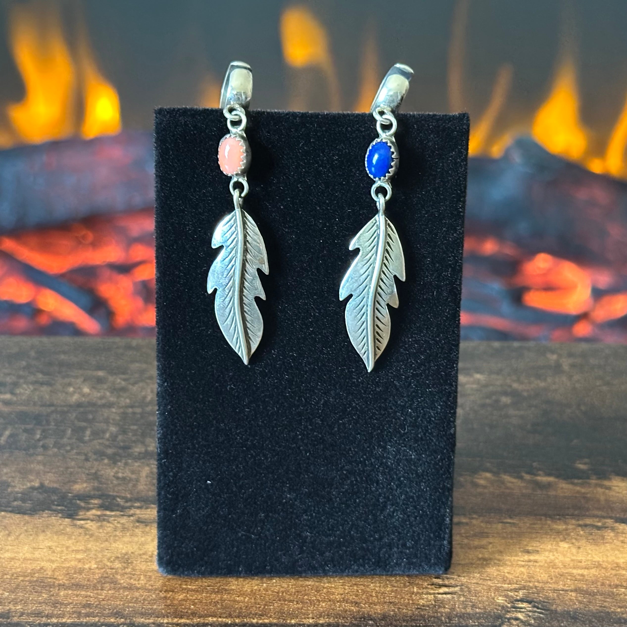 MP Signed Lapis Pink Shell Feather Clip Earrings
