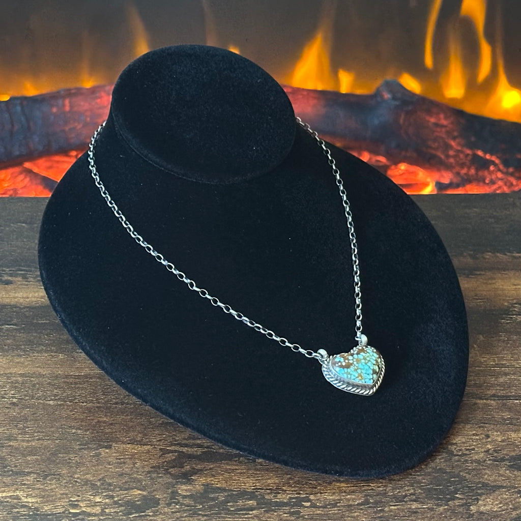 Navajo Donovan Skeets Mine #8 Turquoise Sterling Twist Wire Bezel Heart Pendant Necklace