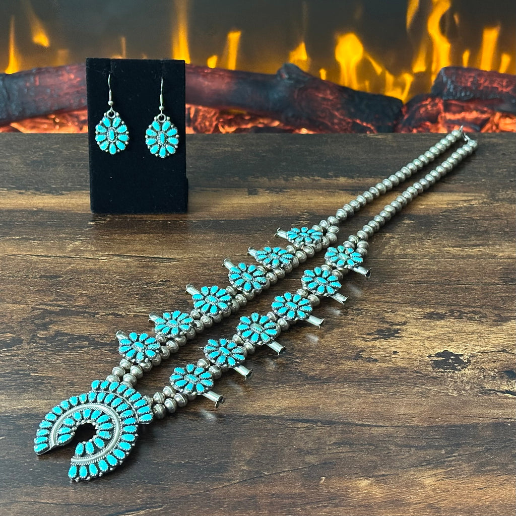 Navajo Larry Moses Begay Vintage Turquoise 166 Stone Sterling Cluster Squash Blossom Necklace Earrings Set