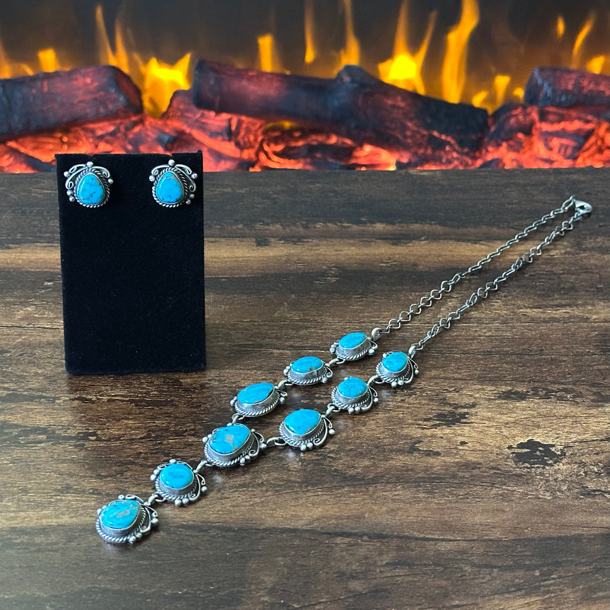Navajo Freda Martinez 9 Stone Kingman Turquoise Sterling Twist Wire Raindrop Lariat Necklace Earrings Set