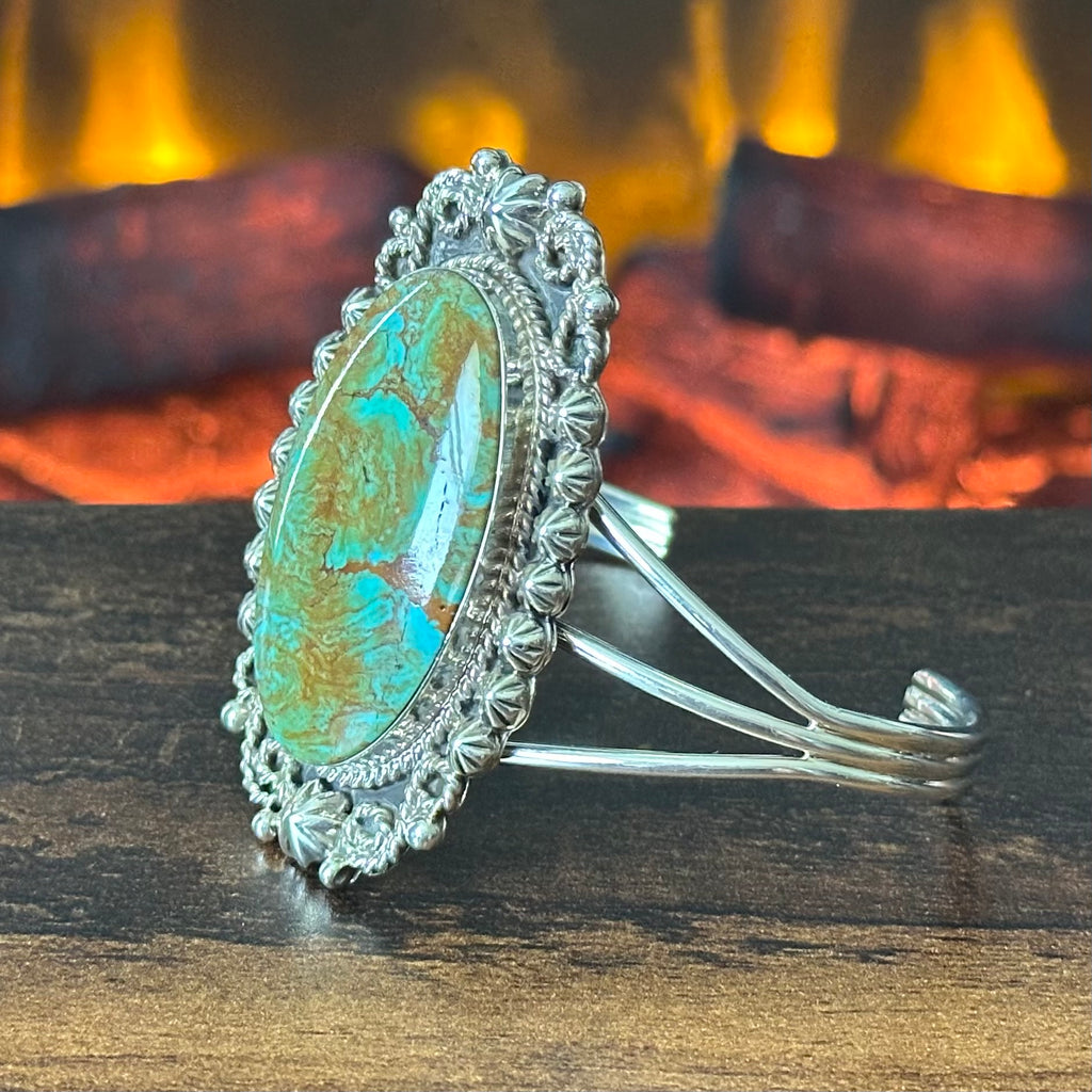 Running Bear Trading Green Turquoise Sterling Twist Wire Bezel Statement Cuff