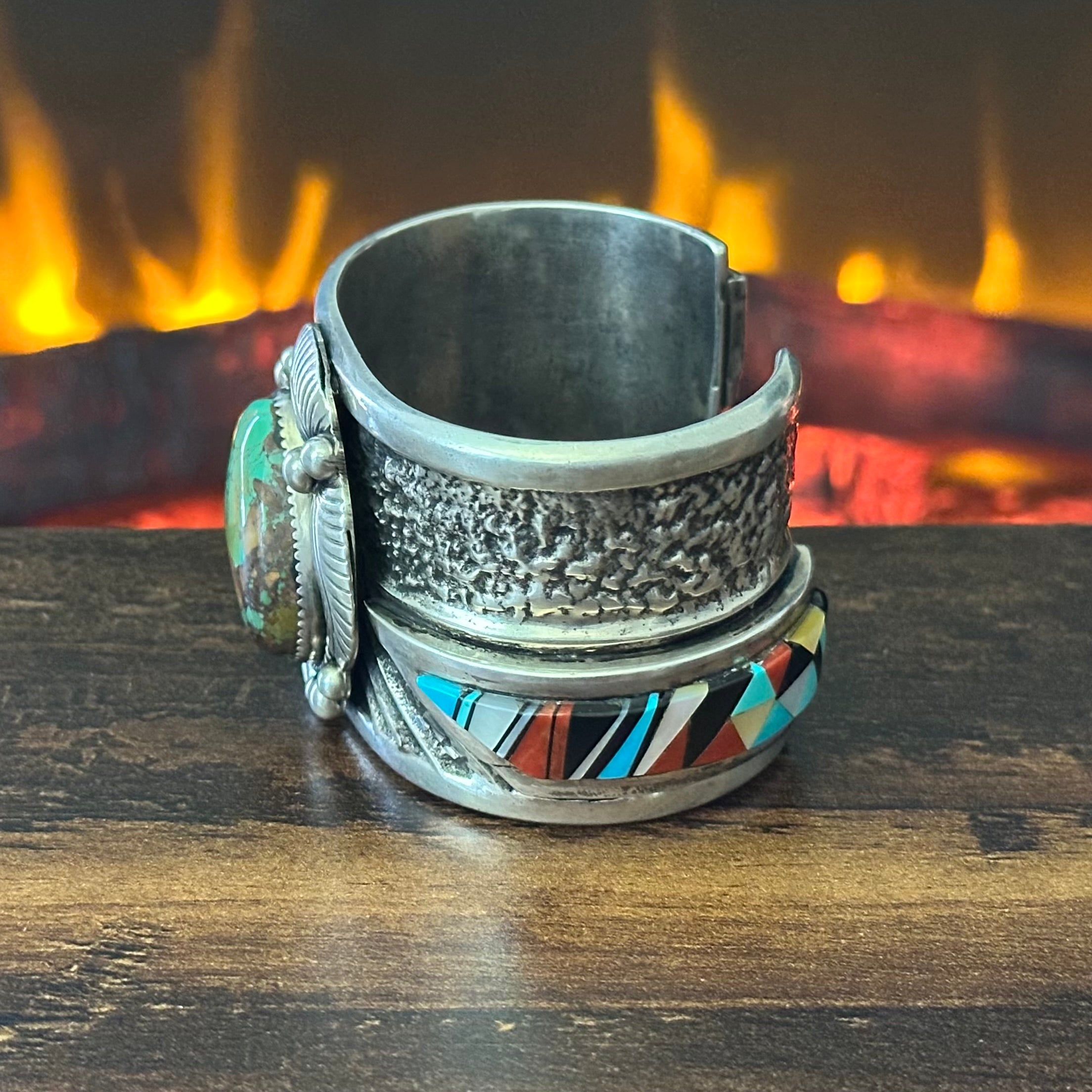 Turquoise Red Coral Mother of Pearl Jet Sterling Hand Stamped Inlay Statement Cuff