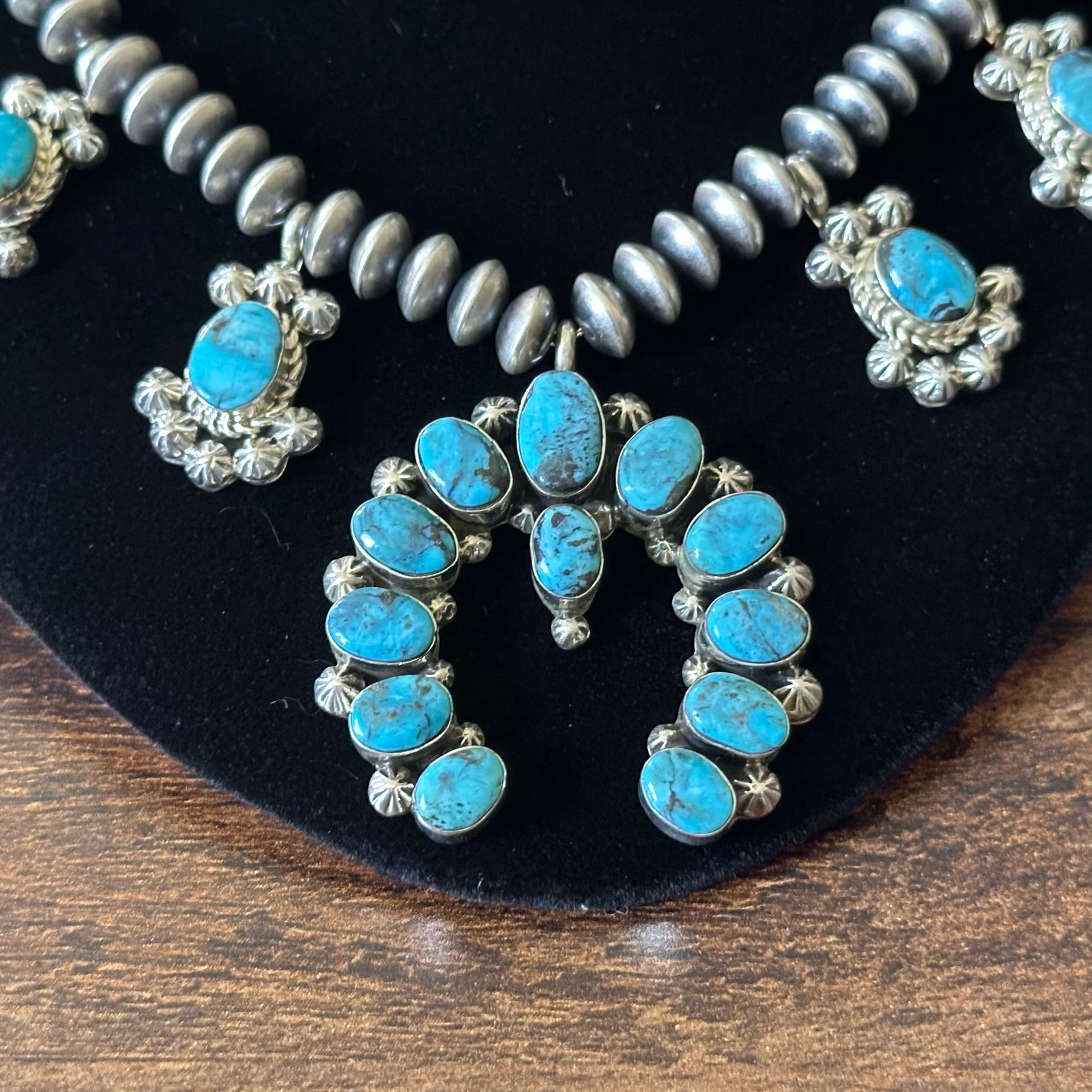 Running Bear Trading Turquoise 18 Stone Sterling Handmade Saucer Bead Naja Necklace