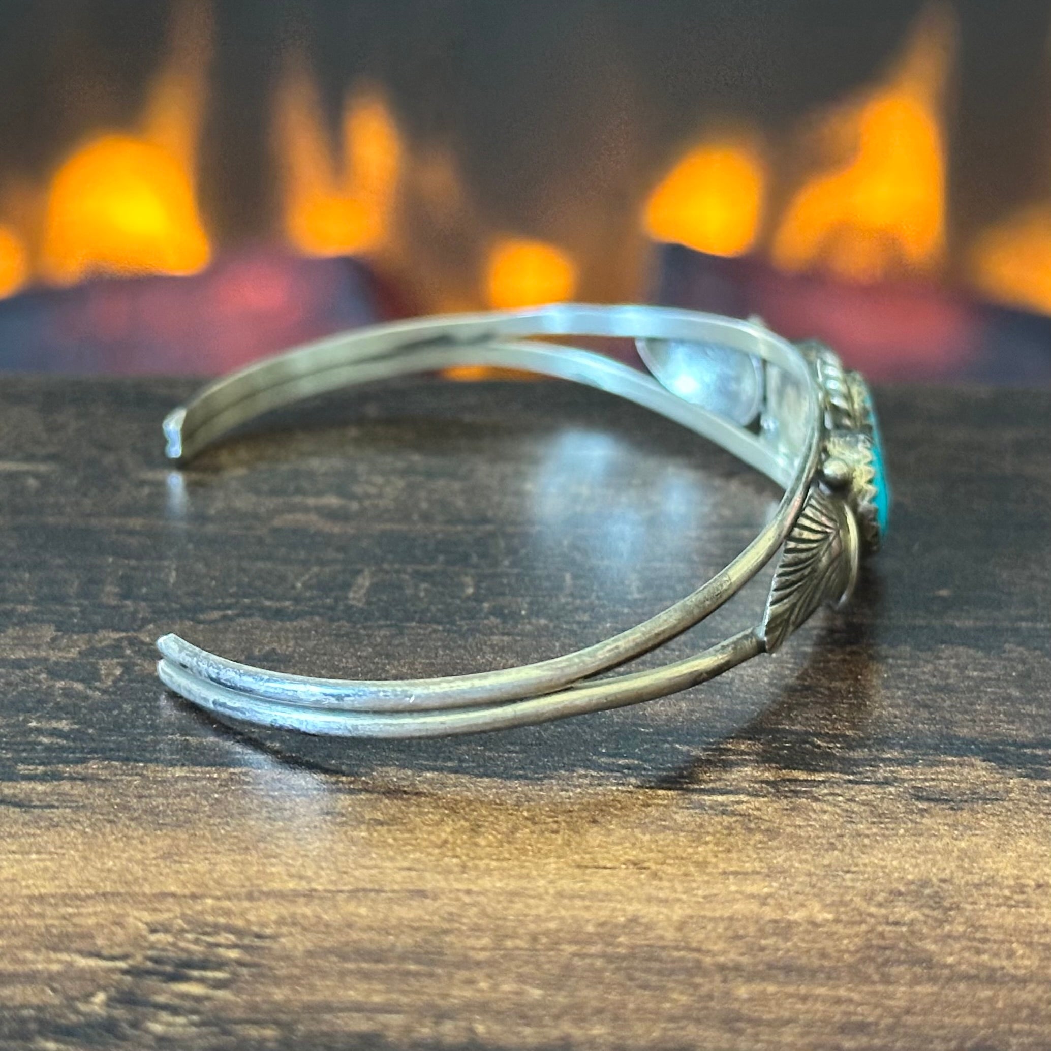 Turquoise 3 Stone Sterling Twist Wire Bezel Leaf Stacker Cuff