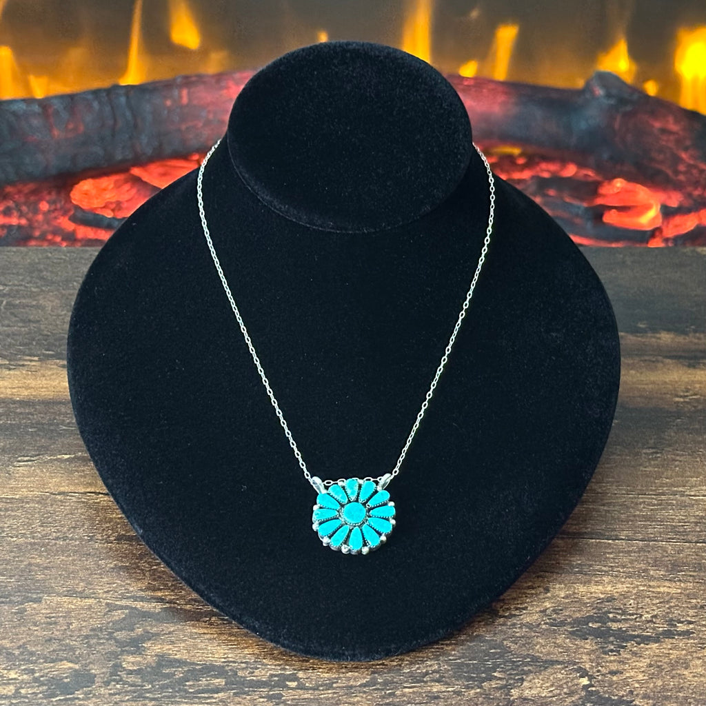 Navajo Jimmy Garcia Kingman Turquoise 13 Stone Sterling Petite Point Cluster Pendant Necklace