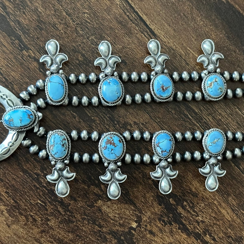Navajo Adrienne Gordon Golden Hills Turquoise 9 Stone Sterling Hand Stamped Squash Blossom Necklace Earrings Set