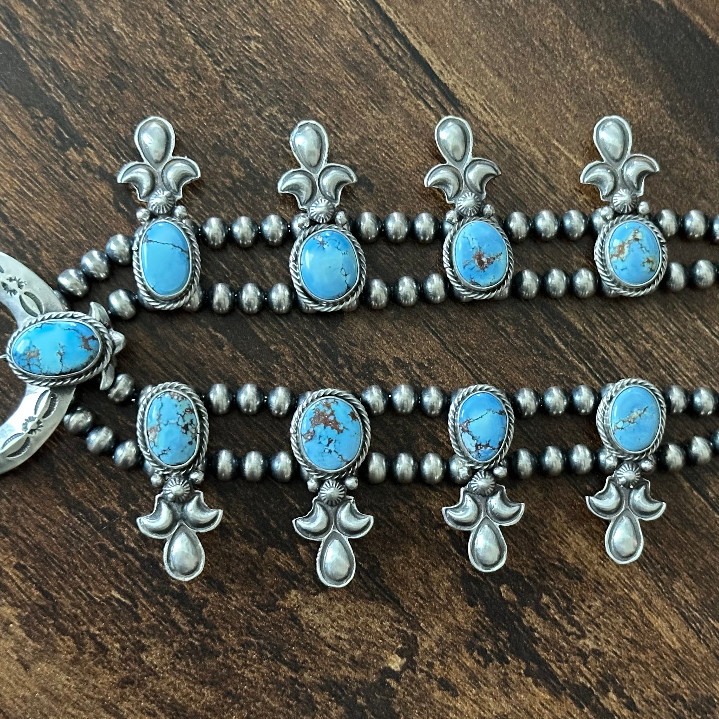 Navajo Adrienne Gordon Golden Hills Turquoise 9 Stone Sterling Hand Stamped Squash Blossom Necklace Earrings Set