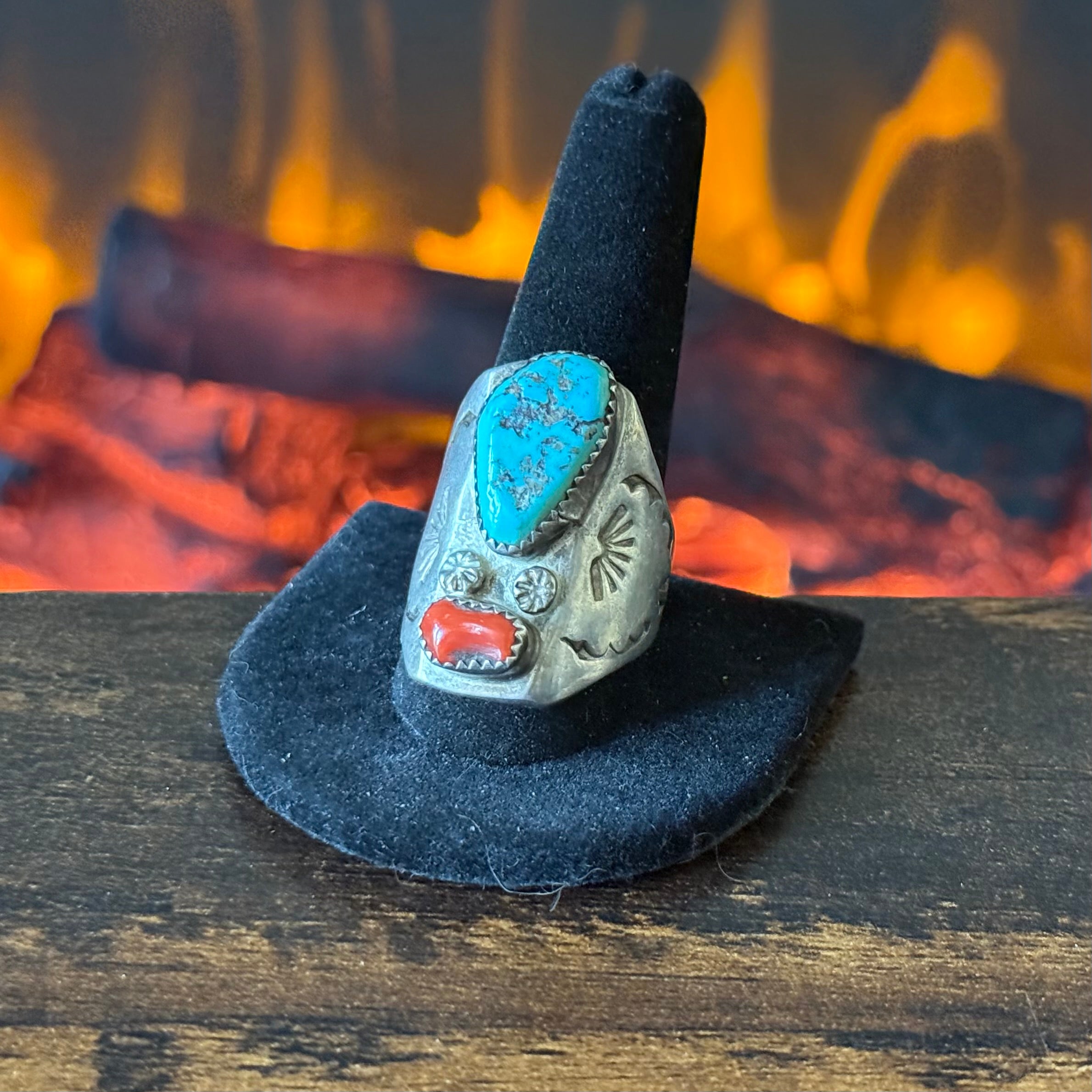 11 & 12 Signed Turquoise Red Coral Sterling Hand Stamped Ring