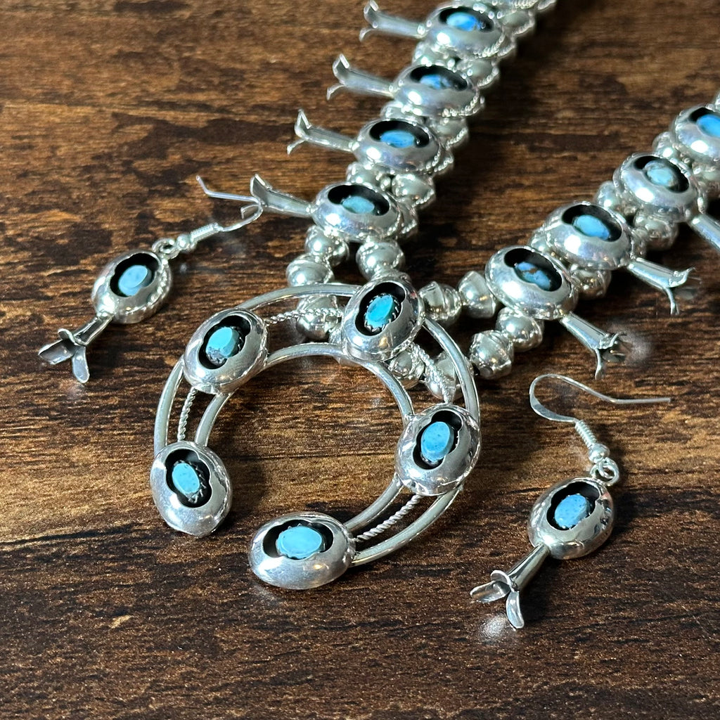 Navajo Phil & Lenora Garcia Golden Hills Turquoise 19 Stone Sterling Shadowbox Squash Blossom Necklace Earrings Set