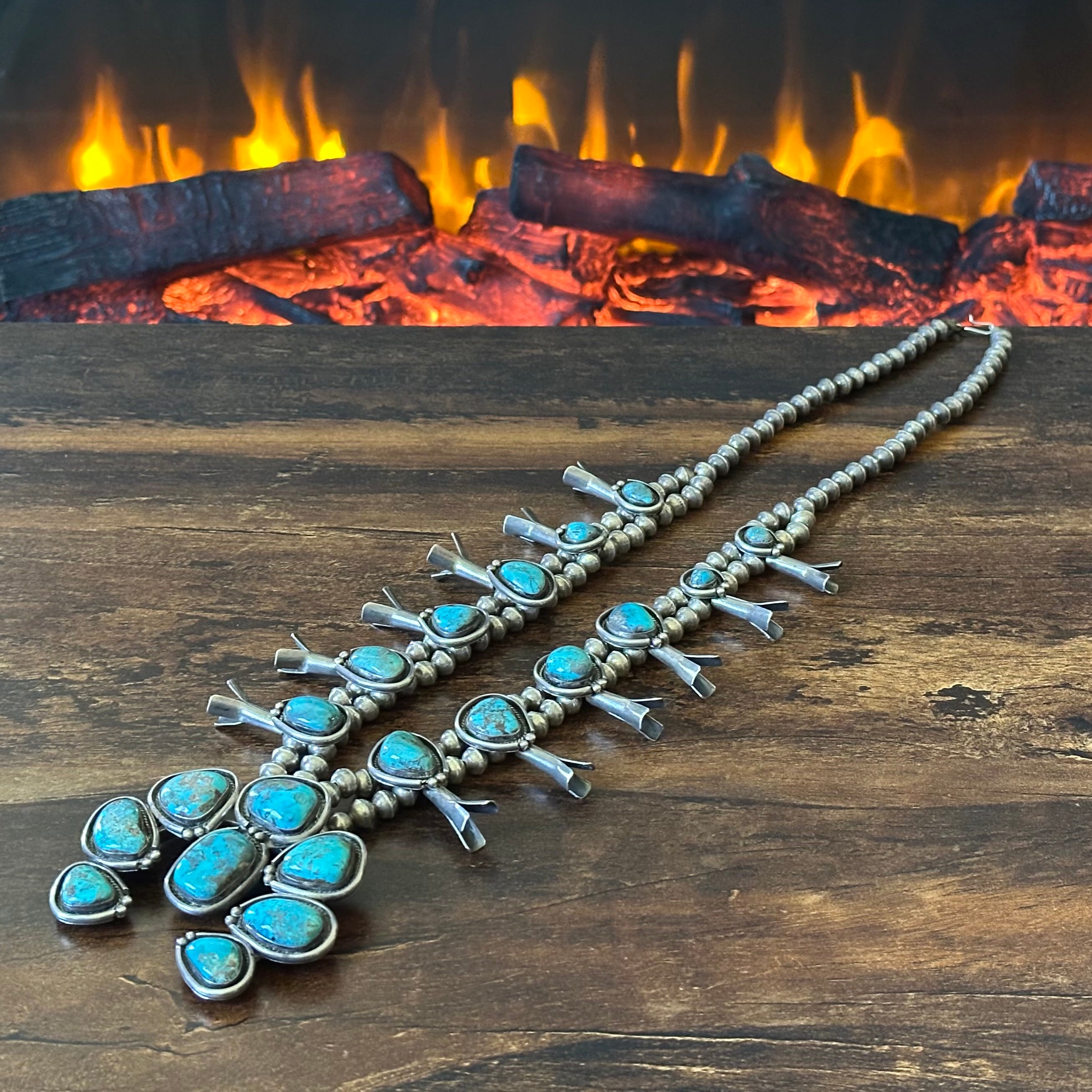 1970-80s Turquoise 20 Stone Sterling Handmade Bead Twist Wire Bezel Squash Blossom