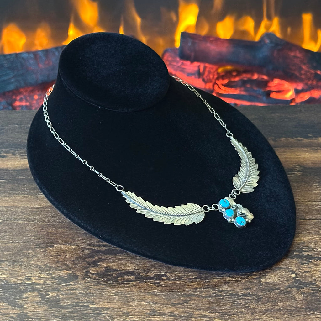 Turquoise 3 Stone Sterling Twist Wire Feather Necklace