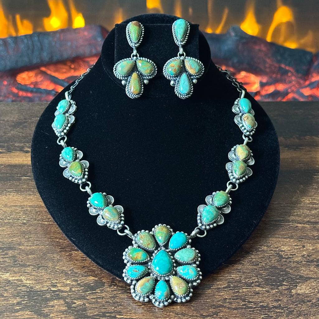 Navajo Pansy Johnson Royston Turquoise 23 Stone Sterling Hand Stamped Cluster Statement Necklace Earrings Set
