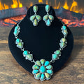 Navajo Pansy Johnson Royston Turquoise 23 Stone Sterling Hand Stamped Cluster Statement Necklace Earrings Set