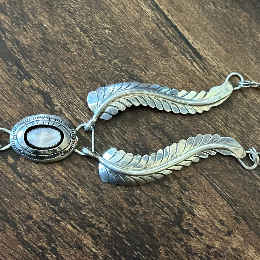 Navajo Harry Spencer Pink Mother of Pearl 4 Stone Sterling Hand Stamped Feather Necklace