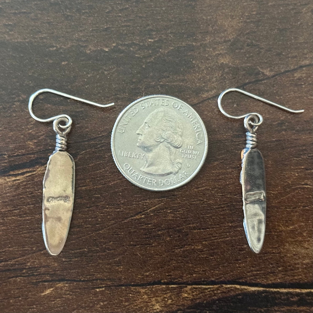 Turquoise Spiny Oyster Charoite Lapis Red Coral Sterling Hand Stamped Raindrop Feather Inlay Dangle Earrings