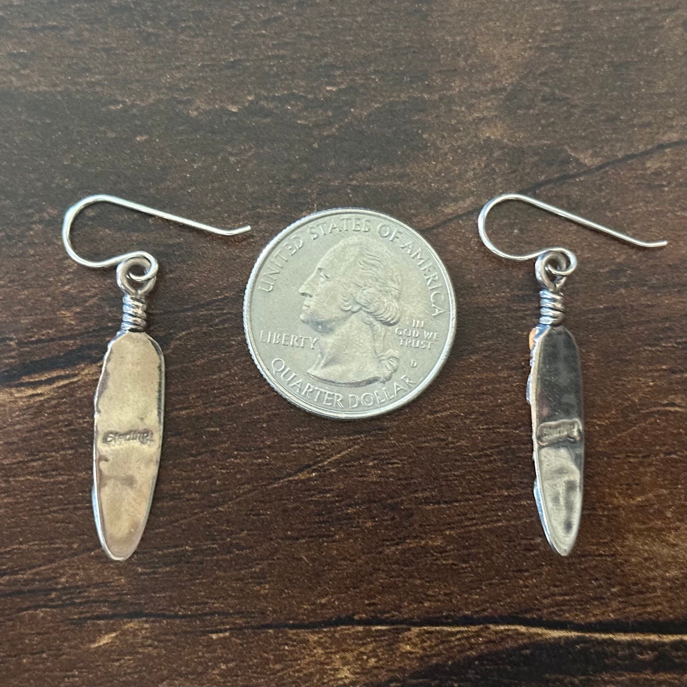 Turquoise Spiny Oyster Charoite Lapis Red Coral Sterling Hand Stamped Raindrop Feather Inlay Dangle Earrings