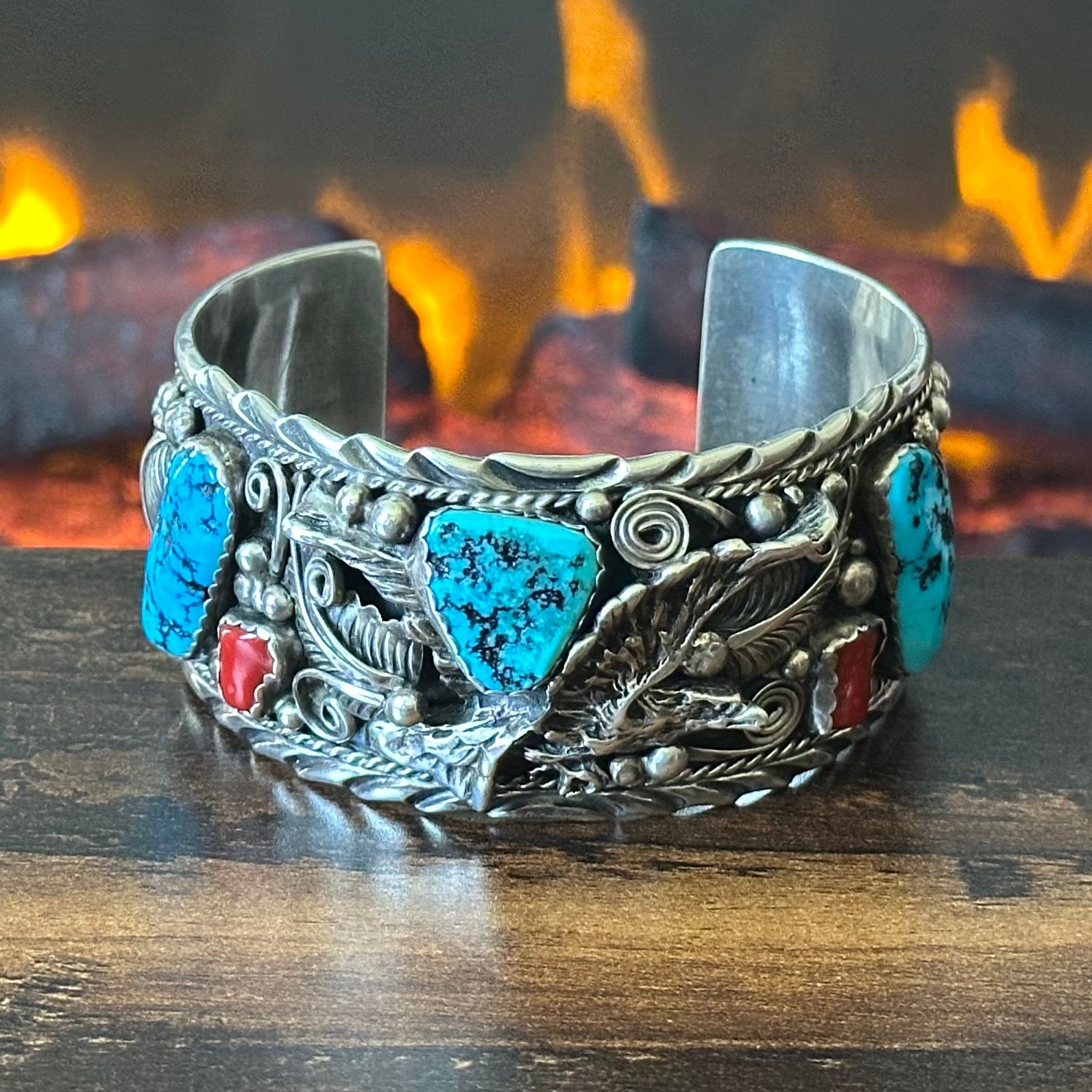 Turquoise Red Coral 5 Stone Sterling Ornate Eagle Statement Cuff