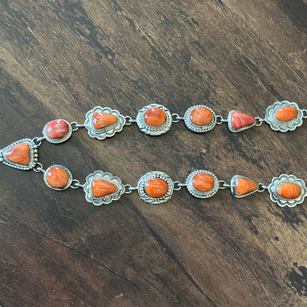 Running Bear Trading Spiny Oyster 18 Stone Sterling Hand Stamped Naja Statement Necklace