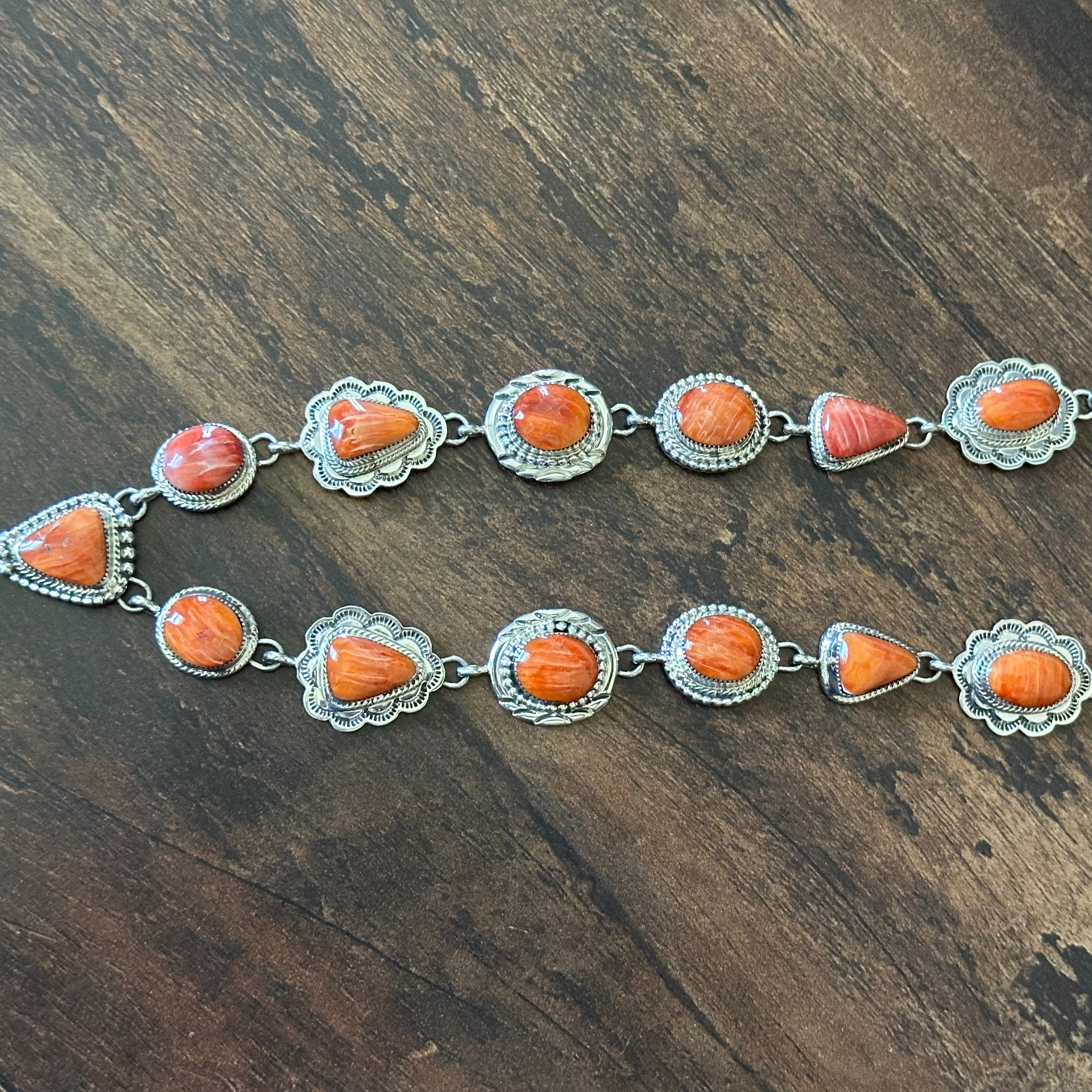 Running Bear Trading Spiny Oyster 18 Stone Sterling Hand Stamped Naja Statement Necklace