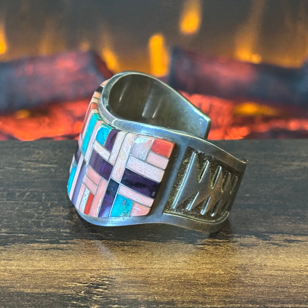 Navajo Jim Harrison Pink Conch Sugilite Red Coral Turquoise Sterling Inlay Statement Cuff
