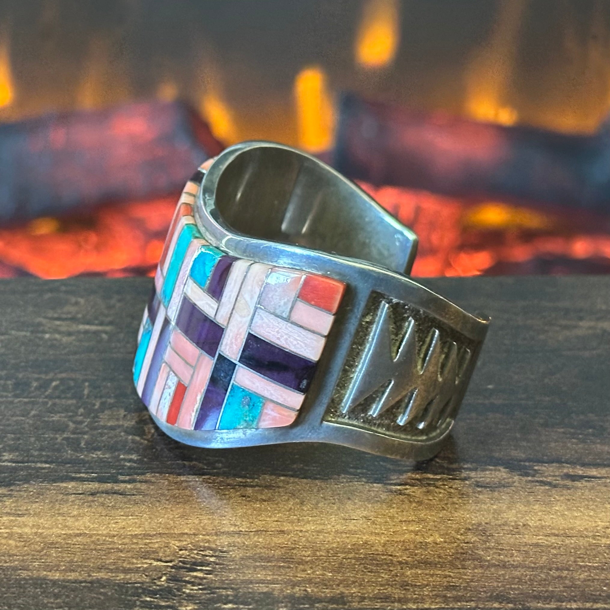 Navajo Jim Harrison Pink Conch Sugilite Red Coral Turquoise Sterling Inlay Statement Cuff