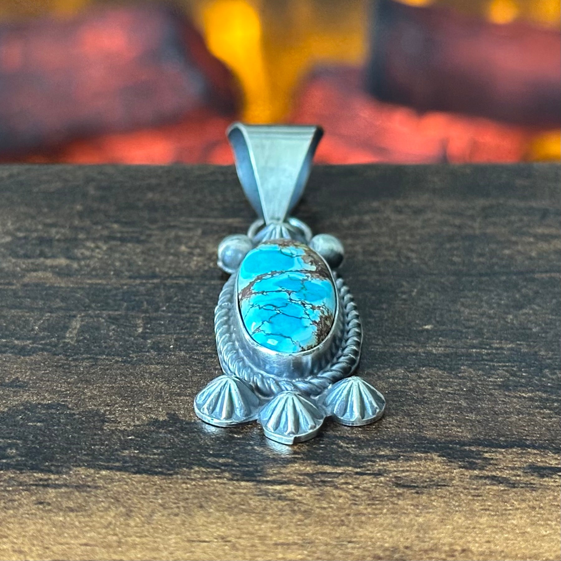 Navajo Marita Benally Golden Hills Turquoise Sterling Twist Wire Bezel Pendant