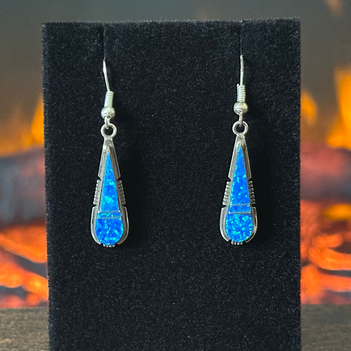 Navajo Steve Francisco Blue Opal Sterling Teardrop Inlay Dangle Earrings