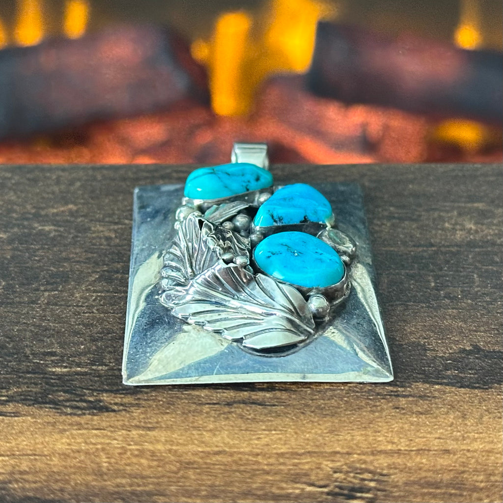 D Signed Turquoise 3 Stone Sterling Leaf Raindrop Rectangular Pendant