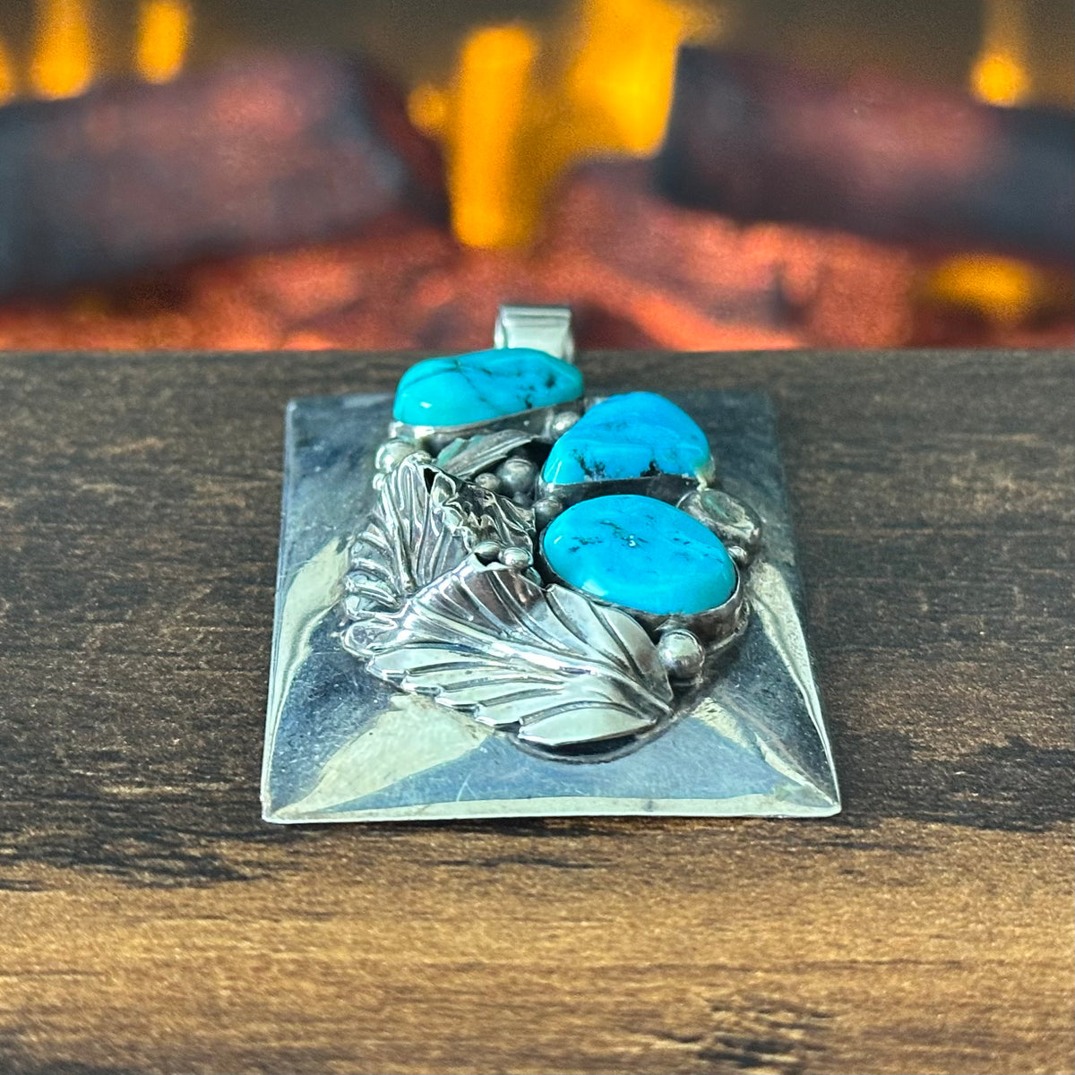 D Signed Turquoise 3 Stone Sterling Leaf Raindrop Rectangular Pendant