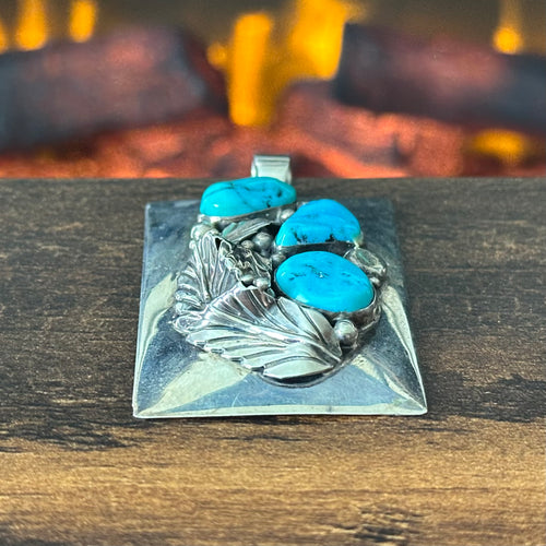 D Signed Turquoise 3 Stone Sterling Leaf Raindrop Rectangular Pendant