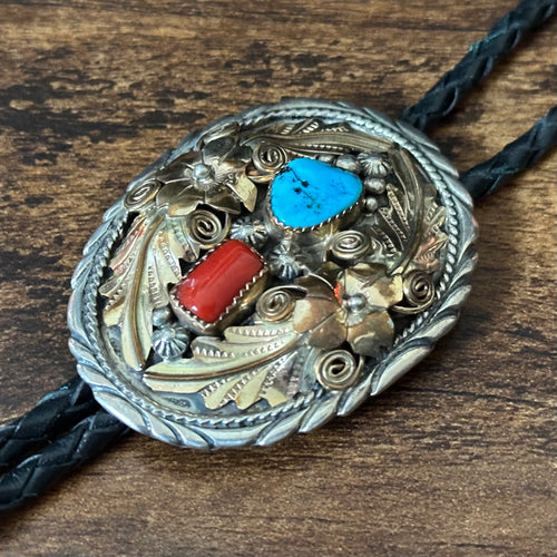 J.R. Estes Signed Turquoise Red Coral Gold Over Sterling Ornate Bolo Tie