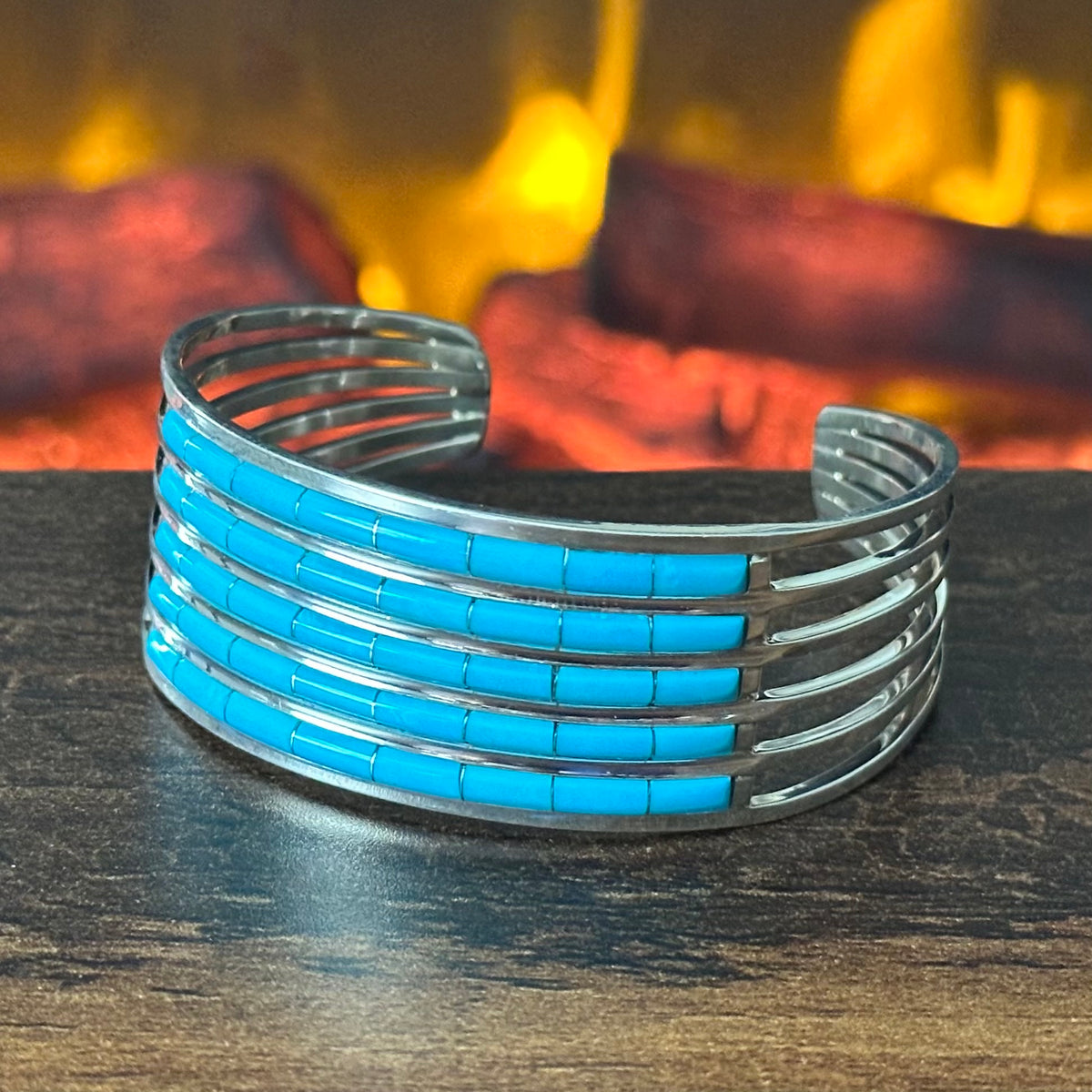 Zuni Anson & Leticia Wallace Turquoise 40 Stone Sterling 6 Shank Inlay Cuff
