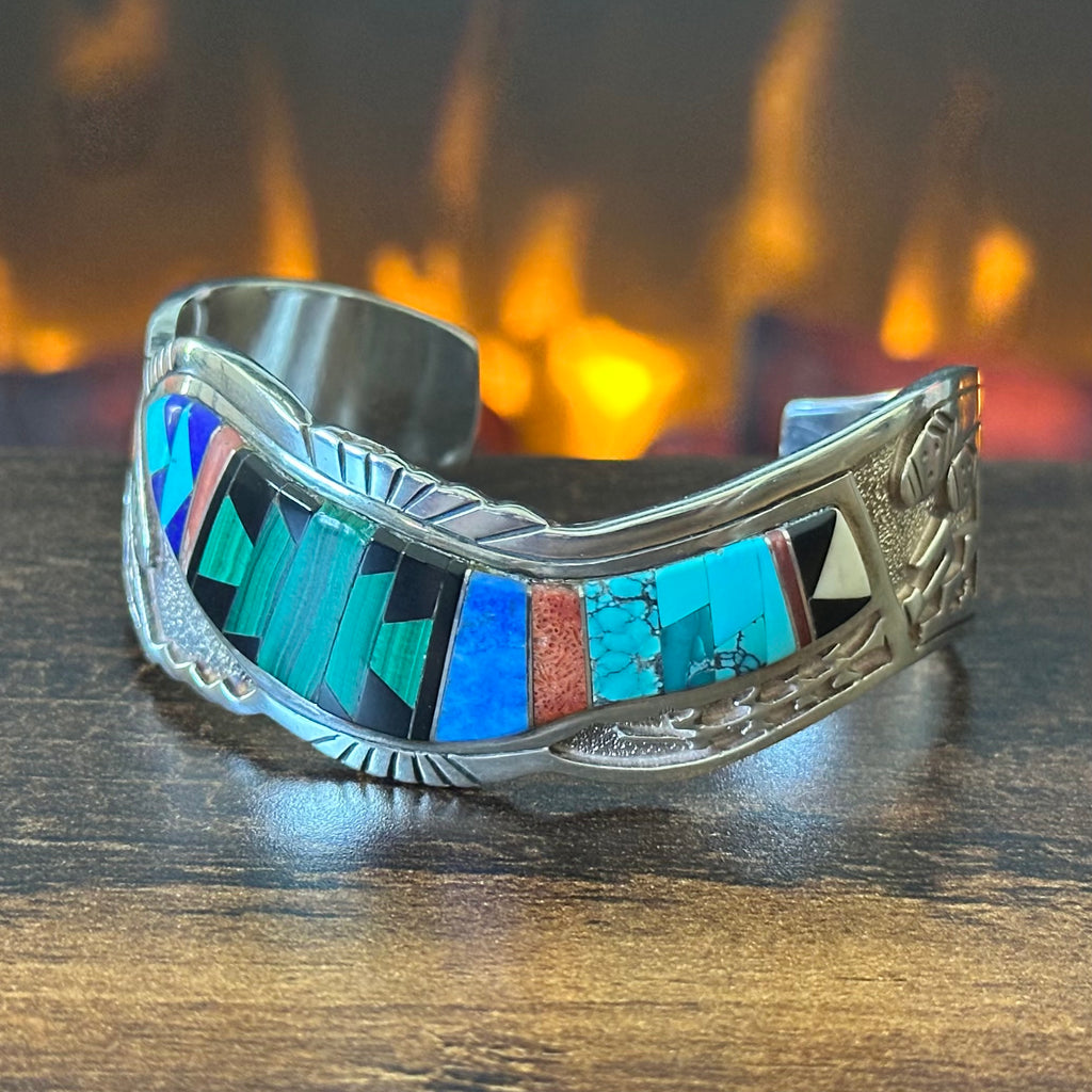 Navajo Calvin Begay Turquoise Malachite Onyx Lapis Red Coral Sterling Overlay Geometric Inlay Cuff