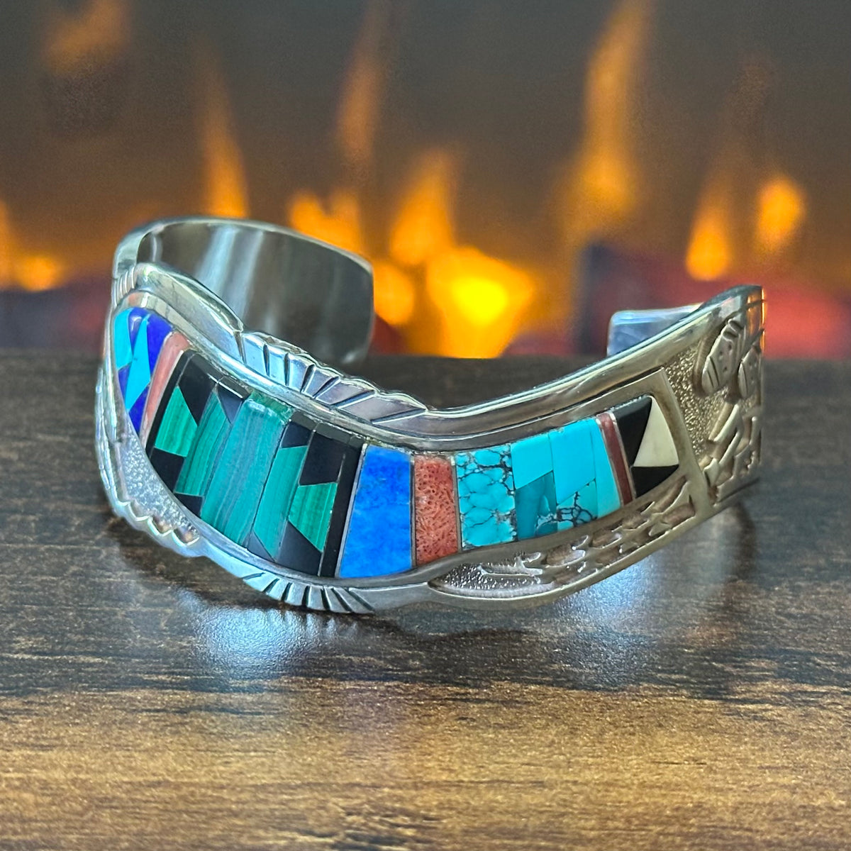 Navajo Calvin Begay Turquoise Malachite Onyx Lapis Red Coral Sterling Overlay Geometric Inlay Cuff