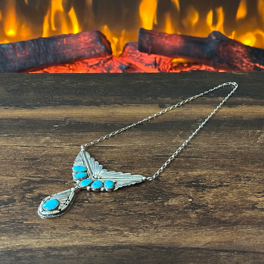 Turquoise 6 Stone Sterling Twist Wire Raindrop Necklace