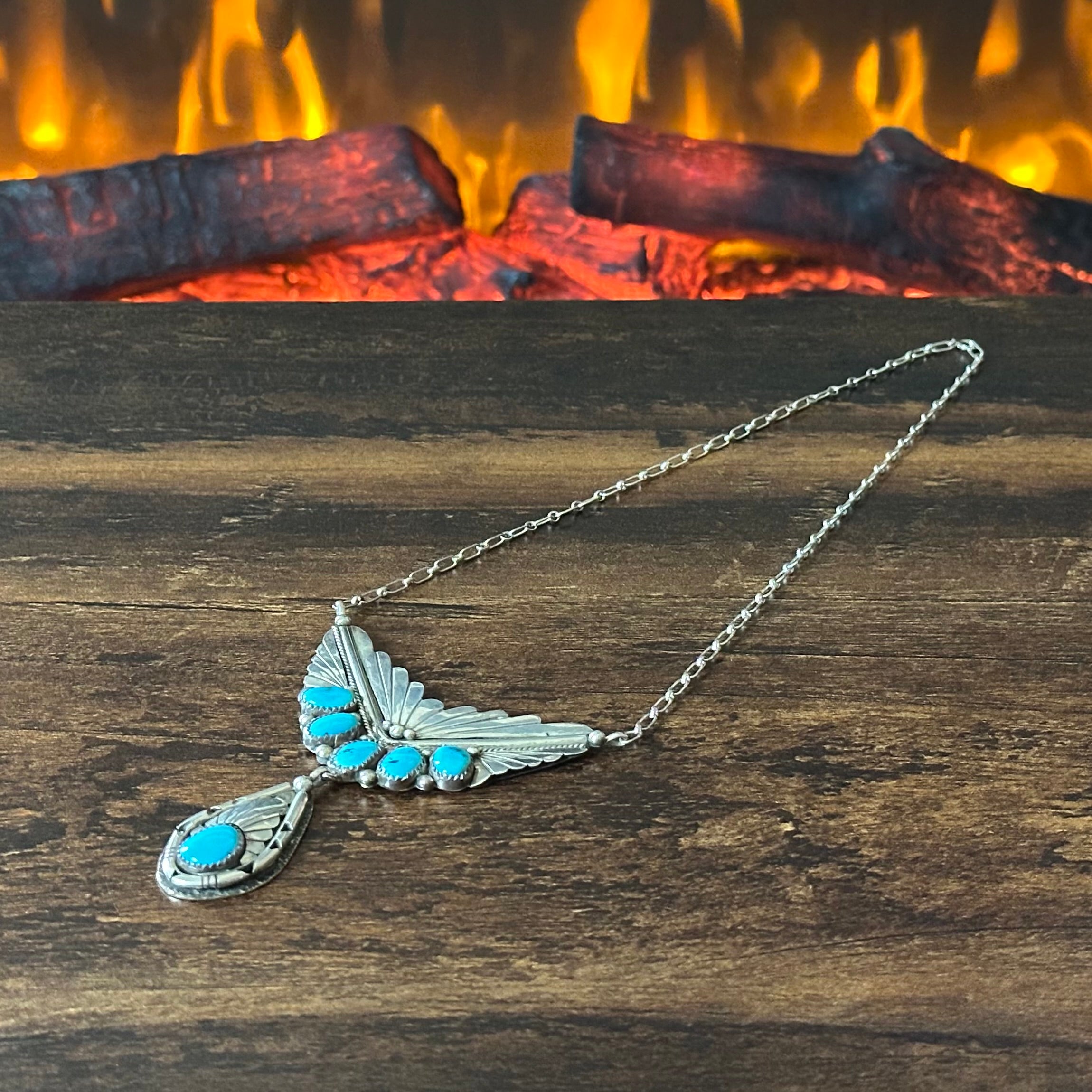 Turquoise 6 Stone Sterling Twist Wire Raindrop Necklace