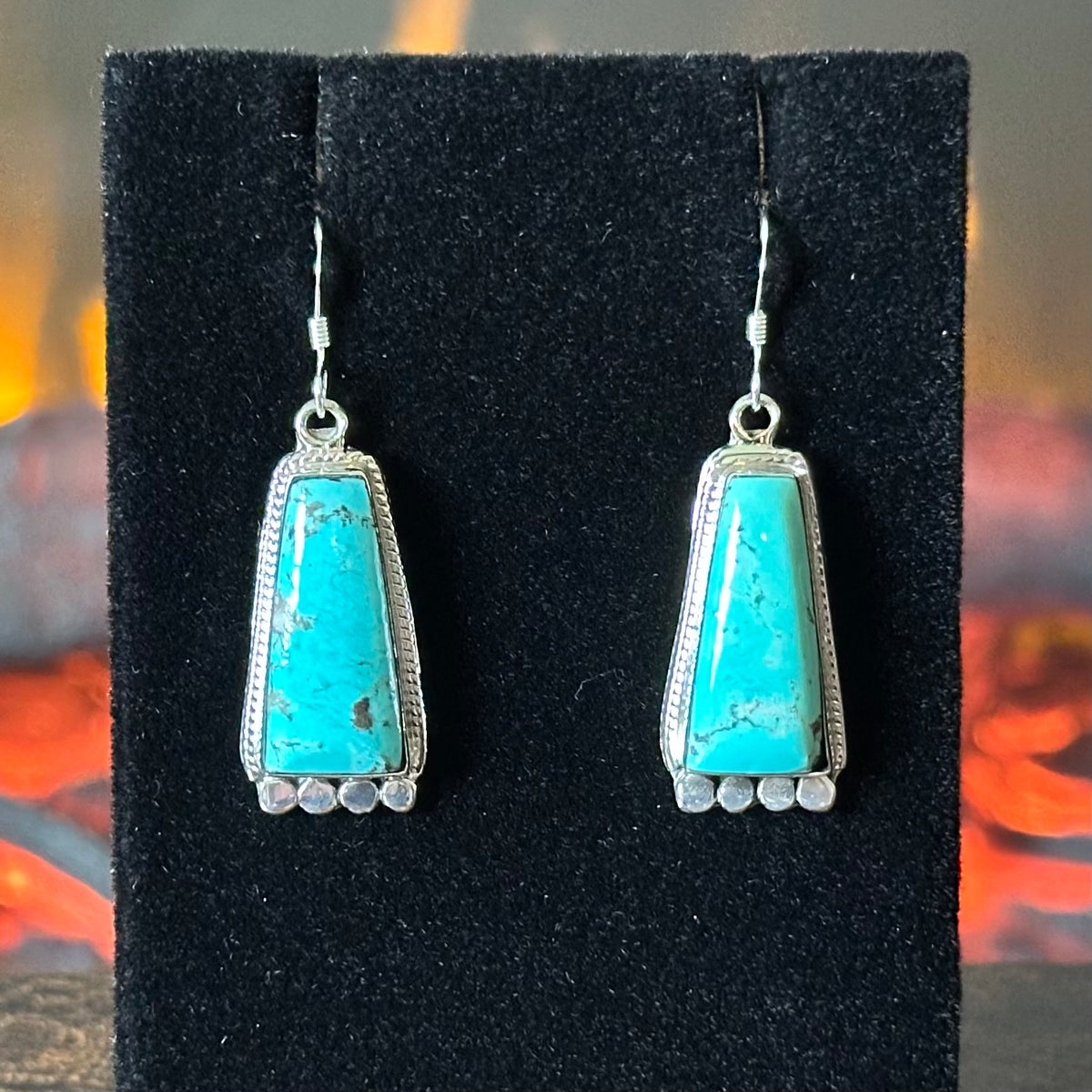 Navajo Isabelle Yazzie Turquoise Sterling Trapezoid Dangle Earrings