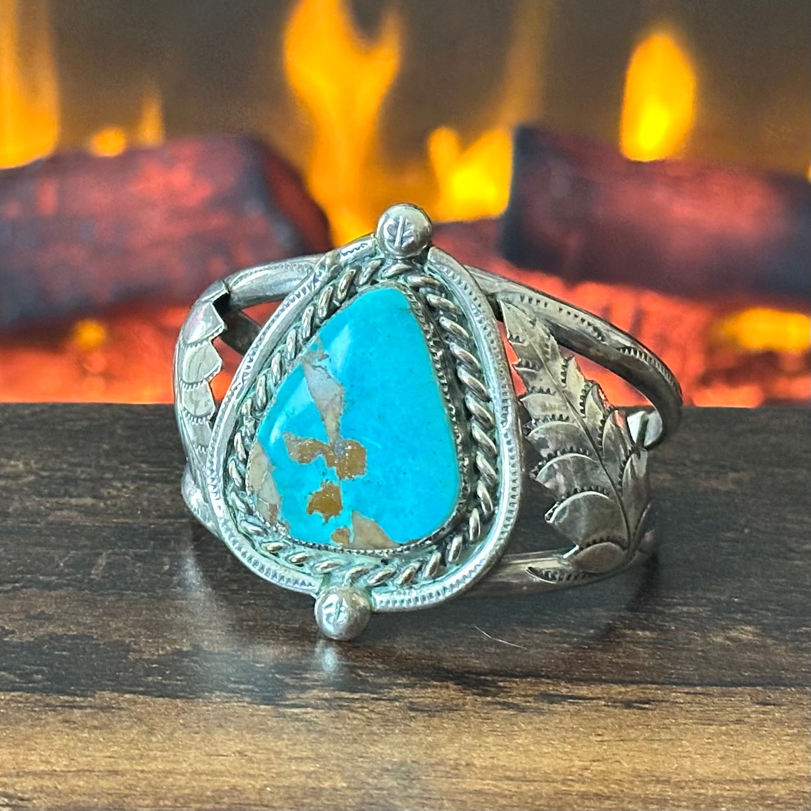 Turquoise Sterling Twist Wire Bezel Hand Stamped Leaf Statement Cuff