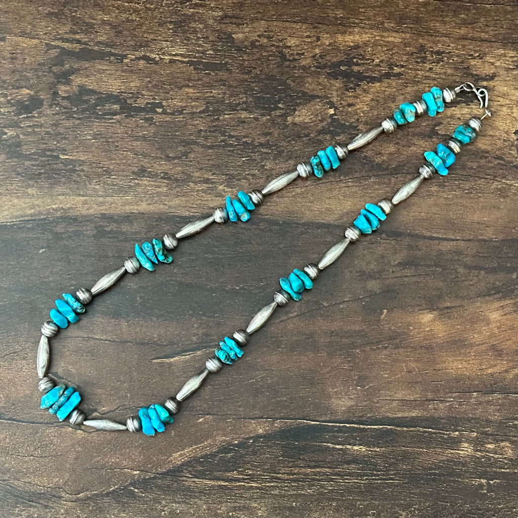 Chunky Turquoise 33 Stone Sterling Bench Stamped Torpedo Bead Necklace