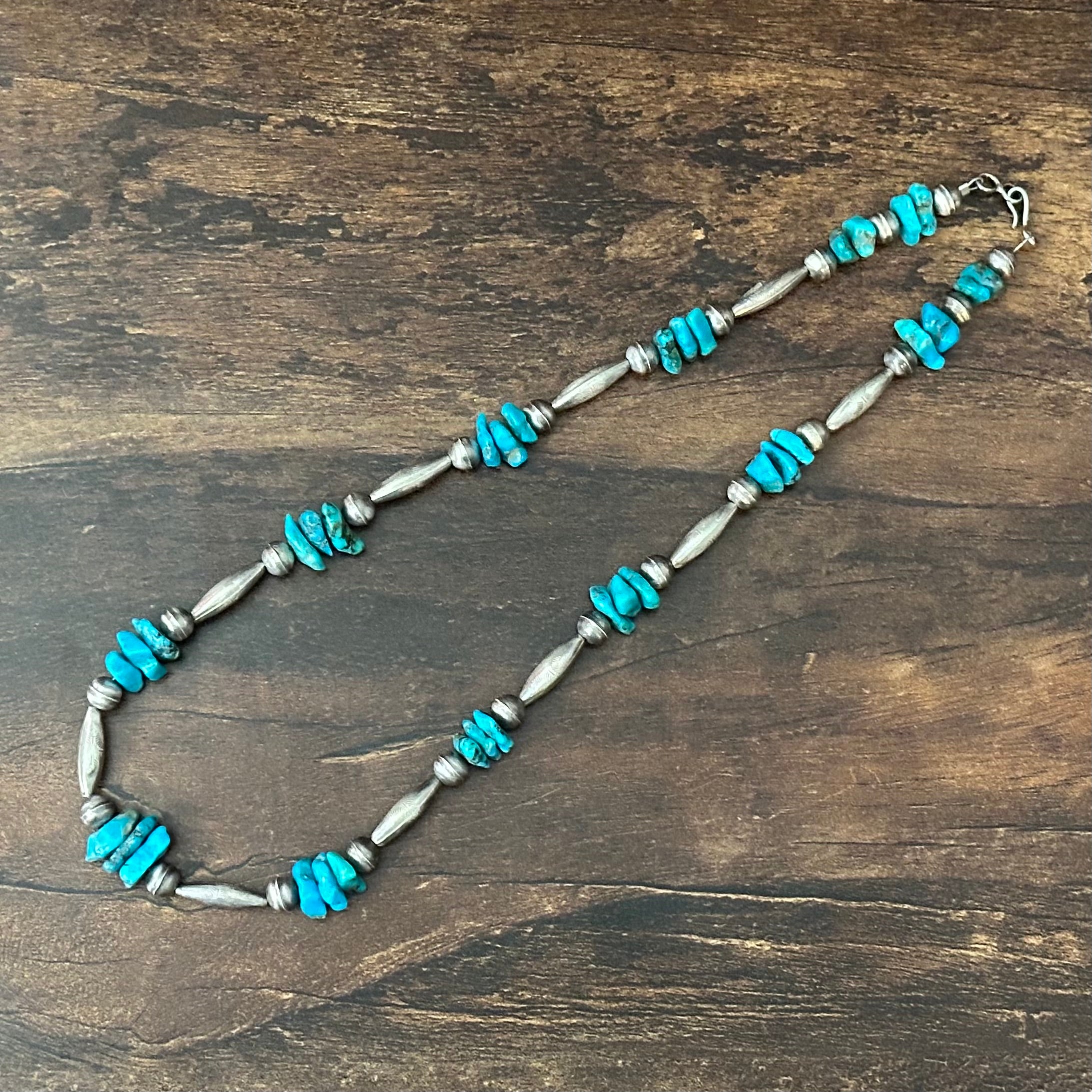 Chunky Turquoise 33 Stone Sterling Bench Stamped Torpedo Bead Necklace