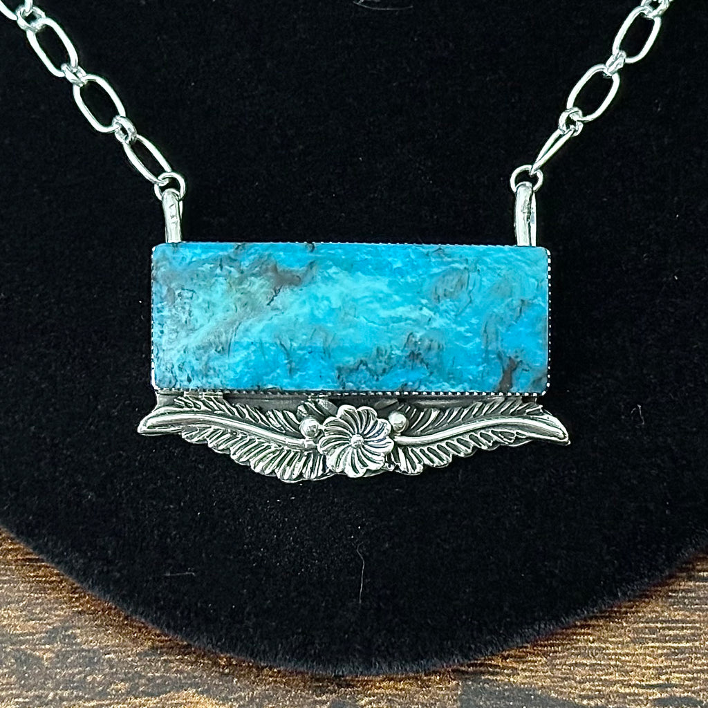 Navajo Gregg Yazzie Turquoise Sterling Floral Leaf Bar Pendant Necklace