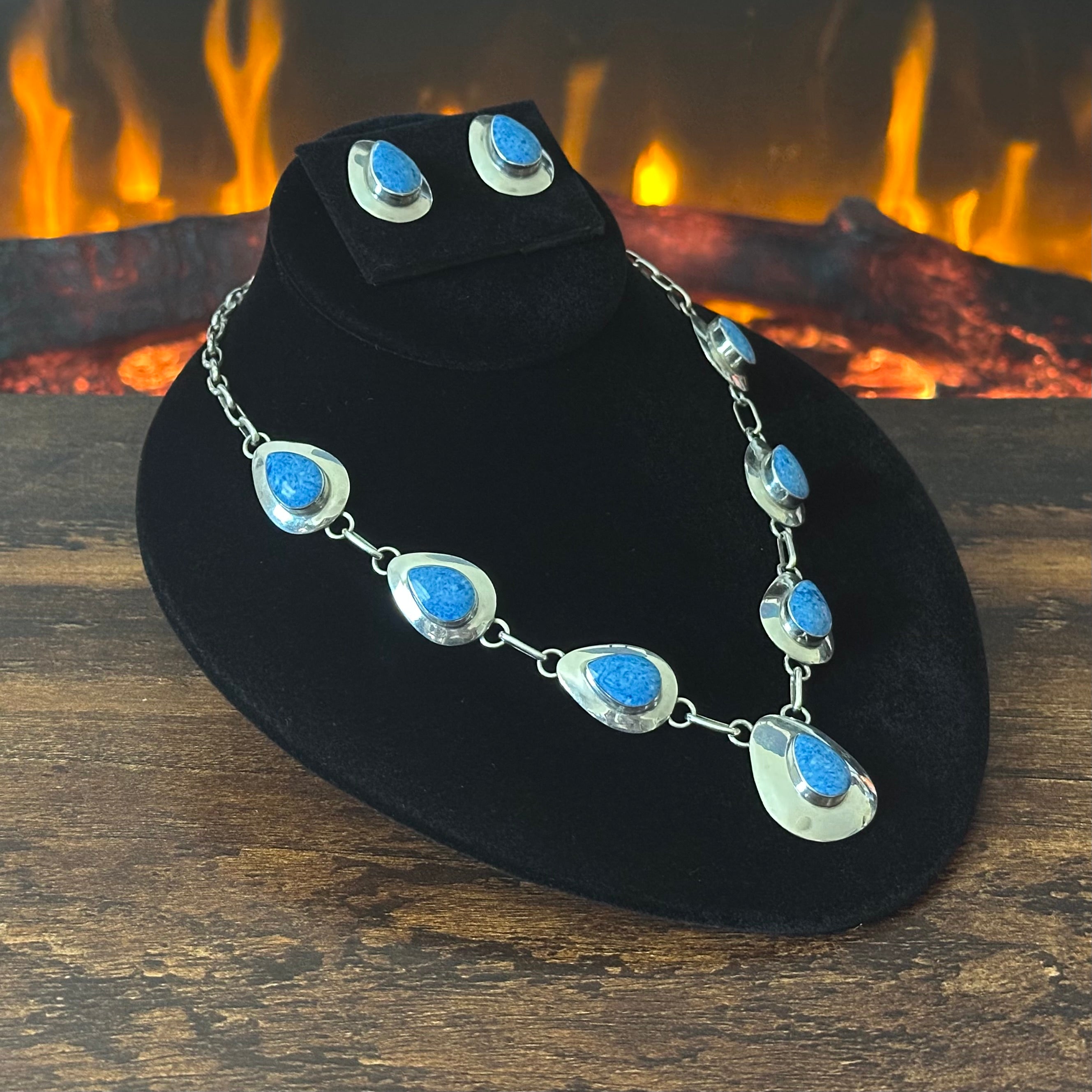 C Signed Sodalite 7 Stone Sterling Teardrop Station Necklace Earrings Set
