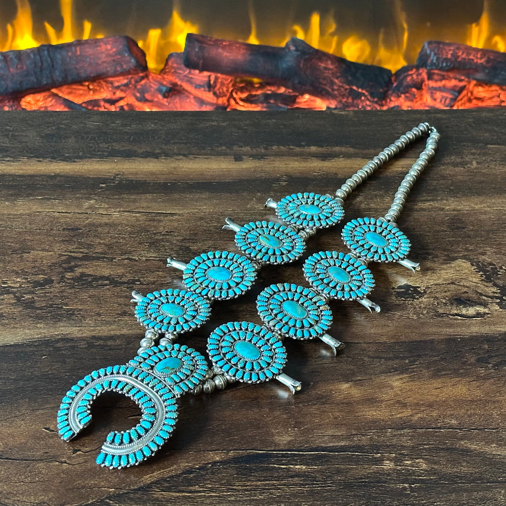 Navajo Larry Moses Begay Turquoise 473 Stone Sterling Petite Point Cluster Squash Blossom Necklace